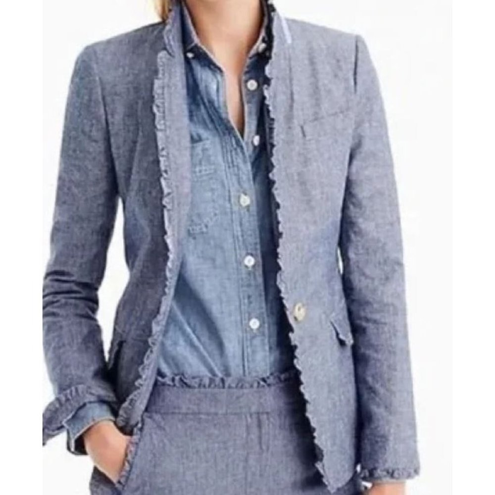 J Crew Chambray Regent Blazer Womens Ruffle Trim One Button Jacket Size 8 Blazer